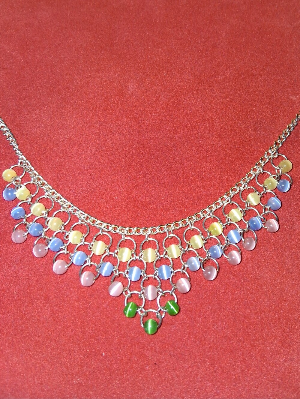 Silver Tone Cat's-Eye Multi-Tiered Pastel Glass Bead Bib Necklace